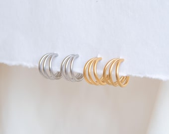 Triple Band Hoop Earrings – 18K Gold Plated Stainless Steel Minimalist Waterproof Jewelry