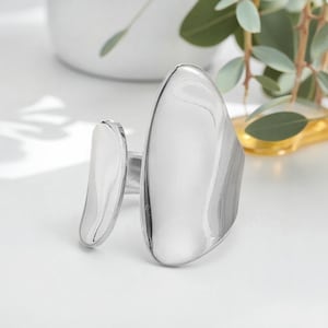 May include: A silver-colored ring with a modern design. The ring features two elongated, smooth, and curved shapes. The larger shape is positioned vertically, while the smaller shape extends horizontally. The ring is made of a shiny, reflective metal.