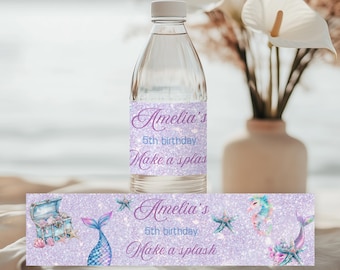 Mermaid water bottle  label editable canva  template, Under the sea party favor label