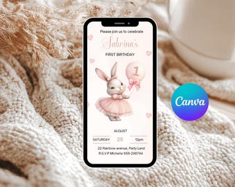 Girl bunny birthday evite template editable in Canva