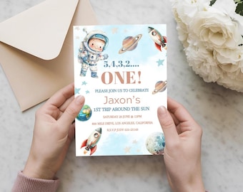 Bewerkbare Canva-uitnodigingssjabloon voor eerste verjaardag Space