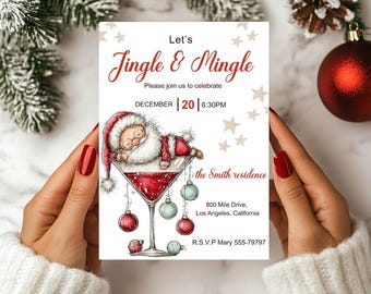 May include: A festive Christmas invitation card with the words "Let's Jingle & Mingle". The card shows a Santa Claus illustration asleep in a martini glass filled with red liquid. The card includes the date, time, and address for the event, with decorative baubles.