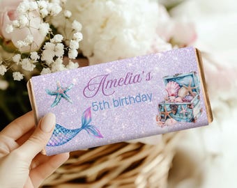 Plantilla editable de Canva para envoltorio de barra de chocolate de cumpleaños de sirena