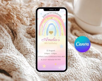May include: A smartphone displays a colorful invitation for Amelia's 8th birthday. The design features a rainbow, stars, and the text "Join us to celebrate." The invitation includes the date, time, and location.