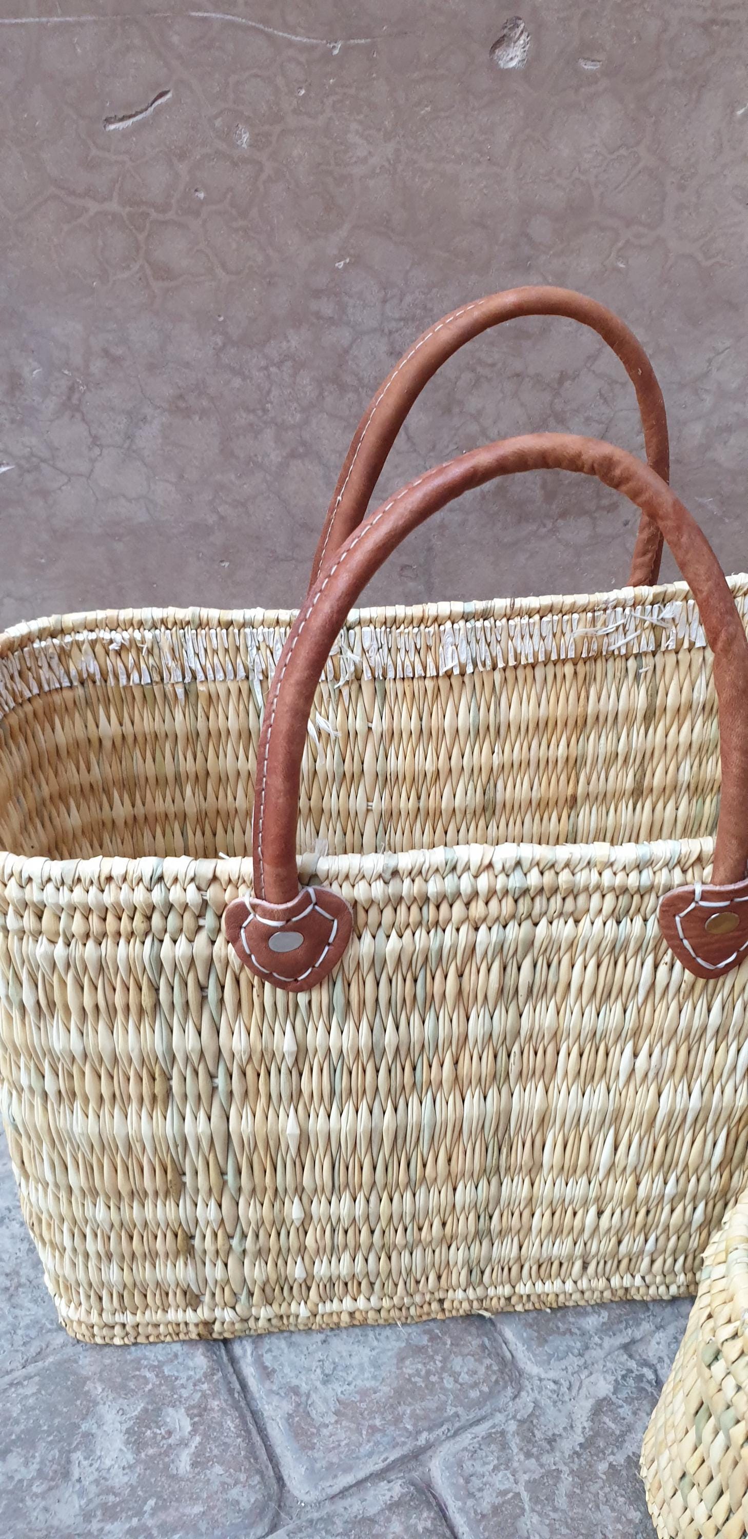 Moroccan Straw Basket With Leather Handles – Handwoven Palm Leaf Tote ...