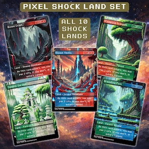 May include: A set of ten "Pixel Shock Lands" trading card game cards. Each card features a unique fantasy landscape with vibrant colors and detailed artwork. The cards include text such as "Blood Crypt" and "Steam Vents".