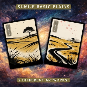 May include: Two art cards with black borders and landscape illustrations. One features a tree on a hill, the other a winding road. The cards are labeled "SUMI-E BASIC PLAINS" and "PLAINS". The text "2 DIFFERENT ARTWORKS!" is also present.