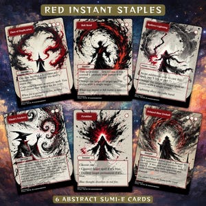 Puede incluir: Seis cartas abstractas estilo Sumi-e con diseños en tinta roja y negra. Cada carta presenta ilustraciones y texto únicos, con el título "RED INSTANT STAPLES" en la parte superior. Las cartas están diseñadas para un juego de cartas coleccionables.