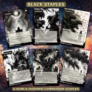 Puede incluir: Seis cartas Commander Staples inspiradas en Sumi-e en blanco y negro. Cada carta presenta ilustraciones y texto únicos, incluyendo "Dark Ritual", "Deadly Dispute", "Feed the Swarm", "Demonic Tutor", "Reanimate" y "Toxic Deluge". Las cartas tienen un tema oscuro y gótico.