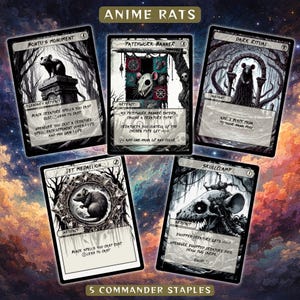 Puede incluir: Cinco cartas coleccionables con temática de fantasía, con ilustraciones en blanco y negro de ratas e imágenes relacionadas. Las cartas incluyen texto como "Bontu's Monument" y "Skullclamp". El texto "Anime Rats" está en la parte superior y "5 Commander Staples" en la parte inferior.