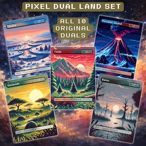 May include: A set of five pixel art cards featuring landscapes. The cards include scenes of a tundra, a volcanic island, a savannah, a taiga, and a bayou. Each card has a unique color palette and landscape design, with text at the top and bottom.
