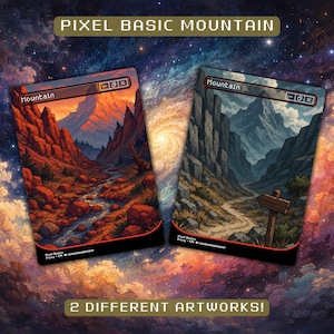 Puede incluir: Dos cartas de "Montaña" con paisajes de pixel art. Una carta presenta una escena de cañón rojo, la otra un camino de montaña gris. Las cartas están sobre un fondo cósmico con el texto "PIXEL BASIC MOUNTAIN" y "2 DIFFERENT ARTWORKS!"