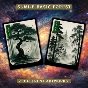 Könnte beinhalten: Zwei Kunstwerke im Sumi-e-Stil mit Waldszenen. Eines zeigt einen knorrigen Baum, das andere einen nebligen Wald mit hohen Bäumen. Der Text "SUMI-E BASIC FOREST" und "FOREST" sind sichtbar. Der Hintergrund ist eine farbenfrohe Galaxie.