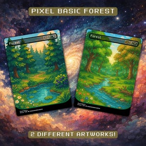May include: Two pixel art forest landscape cards with the word "Forest" at the top. The cards depict a stream, trees, and flowers. The text "Pixel Basic Forest" and "2 DIFFERENT ARTWORKS!" are also visible.