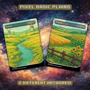 May include: Two pixel art cards with the text "Plains" at the top. One card depicts a river and windmills, the other shows a field of sunflowers. The text "Pixel Basic Plains" and "2 DIFFERENT ARTWORKS!" are also visible.