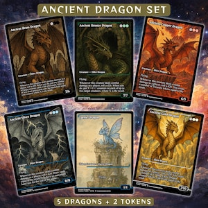 Peut inclure: Ensemble de sept cartes à collectionner fantastiques avec des dragons. Les cartes présentent des illustrations de dragons dans des tons or, bronze, cuivre, argent et vert. Le texte "Ancient Dragon Set" est en haut, avec le nombre de dragons et de jetons en bas.