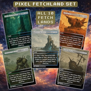 May include: A set of ten "Fetch Lands" trading card game cards. Each card features unique artwork depicting various landscapes, including a misty rainforest, arid mesa, and marsh flats. The cards have a pixelated design and include text describing their game mechanics.