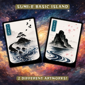 Può includere: Due opere d'arte in stile Sumi-e raffiguranti paesaggi di isole. Una raffigura un albero su un'isola rocciosa, l'altra una montagna con fiori di ciliegio. Il testo recita "SUMI-E BASIC ISLAND" e "2 DIFFERENT ARTWORKS!"