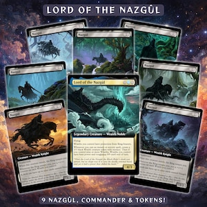 May include: A collection of nine Magic: The Gathering trading cards featuring the Lord of the Nazgûl and Nazgûl creatures. Each card displays dark fantasy artwork of cloaked figures on horseback or winged beasts, with printed text detailing game abilities.