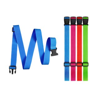 May include: A blue luggage strap with a black buckle is shown next to three other straps in blue, pink, red, and green. Each strap has a black buckle. The straps are made of a durable, woven material.