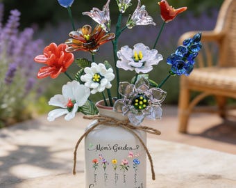 Luxe glazen bloemboeket met aangepaste vaas, gepersonaliseerd cadeau geboortemaand voor moeder, jubileumcadeau voor haar