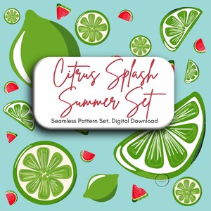 Peut inclure: Une conception numérique avec un fond bleu clair, présentant des citrons verts, des tranches de citron vert et des tranches de pastèque. Un rectangle blanc affiche le texte "Citrus Splash Summer Set" en script rouge.