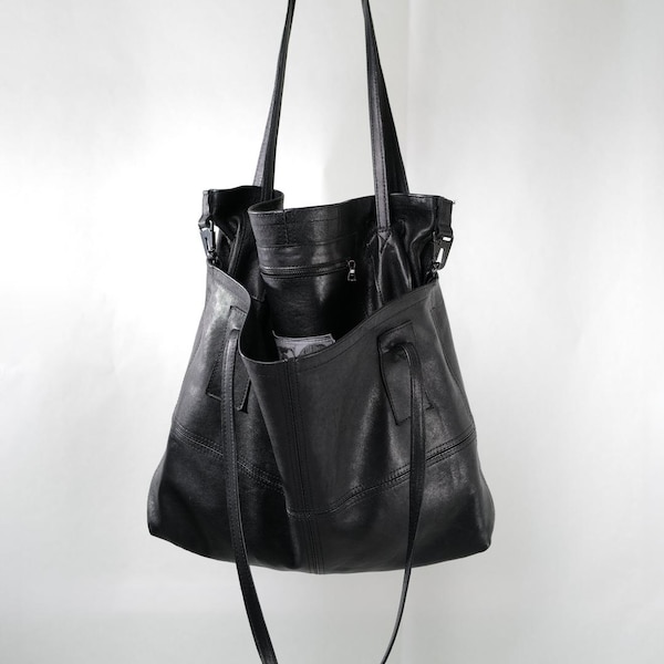 Handcrafted Italian Goat Leather Double Bag: Versatile Tote with Zipped Pocket