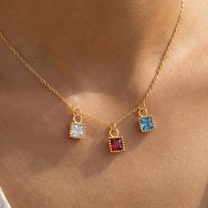 Personalized Tiny Birthstone Necklace, Gold Birthstone Necklace, Square Birthstone Jewelry, Gift for her, Bridesmaid Gift, Christmas Gift