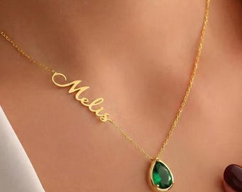 Personalisierte Namenskette mit Geburtsstein • Geschenk für Ehefrau Mama • 14K Gold Vergoldet • Muttertagsgeschenk • Tropfen Anhänger