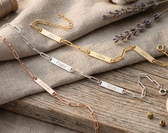 Namensarmband Personalisiert mit Plättchen, Gravur Armband 925 Silber, Geschenk für Mama, Individueller Schmuck, Büroklammerkette Armband