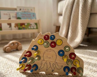 Wooden Octopus Peg Board Toy • Montessori Color Game • Fine Motr Skill Activity for Toddlers