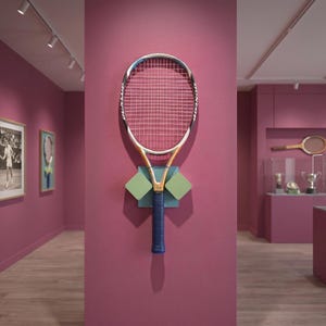 May include: A tennis racket with a white, gold, and blue frame is mounted on a pink wall. The racket is held in place by a blue and green holder. The room has a gallery theme with tennis-related artwork and trophies.