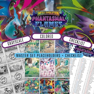 May include: A colorful image featuring a "Mega Evolution Phantasmal Flames" checklist and placeholders for a master set. The image includes grayscale and colored cards, with text labels like "Grayscale," "Colored," and "Checklist."