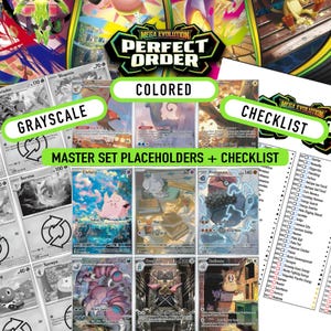 Puede incluir: Una colección de cartas coleccionables de Pokémon, que incluye versiones en escala de grises y en color. Las cartas presentan varios personajes y están acompañadas de una lista de verificación y el texto "MEGA EVOLUTION PERFECT ORDER".