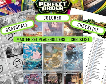 Pokémon Perfect Order-masterset tijdelijke aanduidingen voor ordners + checklist | Afdrukbare pdf | Omgekeerde holo + holo + normaal - gekleurd/grijstinten
