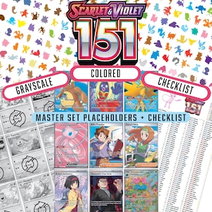May include: A collection of Pokémon trading cards, featuring the "Scarlet & Violet 151" set. The image includes both grayscale and colored cards, a checklist, and the set's logo. The cards showcase various Pokémon characters.