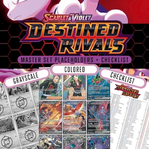 Op de afbeelding: Een promotieafbeelding voor de Pokémon-kaartset "Scarlet & Violet Destined Rivals". De afbeelding toont het logo van de set, een paars en zwart ontwerp met de tekst "Destined Rivals". Het toont ook voorbeelden van grijswaarden- en kleurenkaarten en een checklist.