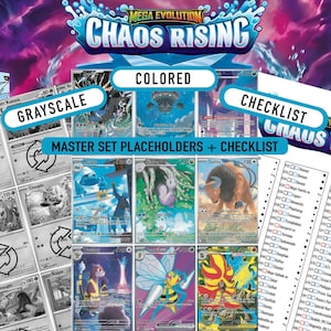 Könnte beinhalten: Eine Sammlung von Sammelkarten mit dem Text "MEGA EVOLUTION CHAOS RISING". Die Karten sind in Farbe und Graustufen gehalten und enthalten eine Checkliste und Platzhalter. Die Karten zeigen Charaktere wie Kakuna, Chespin und Vulpix.