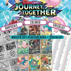May include: A collection of Pokémon trading cards, featuring both grayscale and colored cards. The cards showcase various characters and include the text "SCARLET & VIOLET JOURNEY TOGETHER." A checklist is also included.