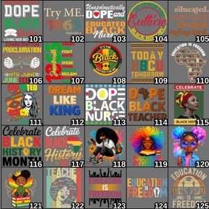 May include: A collection of graphic t-shirt designs with themes of Black history, education, and empowerment. The shirts feature various text and illustrations, including phrases like "Dope Black Nurse," "Education is Freedom," and "Celebrate Black History Month."