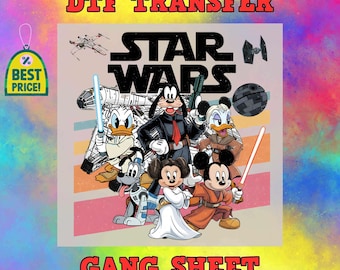 dtf star wars disney characters lightsabers retro mashup decal, ready to press galactic cheerful iron-on