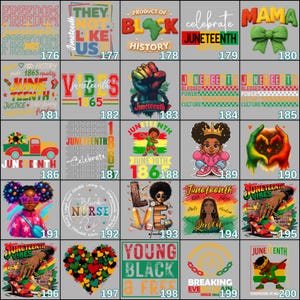 May include: A collection of graphic designs celebrating Juneteenth. Designs include text like "Freedom", "Juneteenth", and "Black History", along with images of fists, hearts, and African-American figures. Various colors are used.