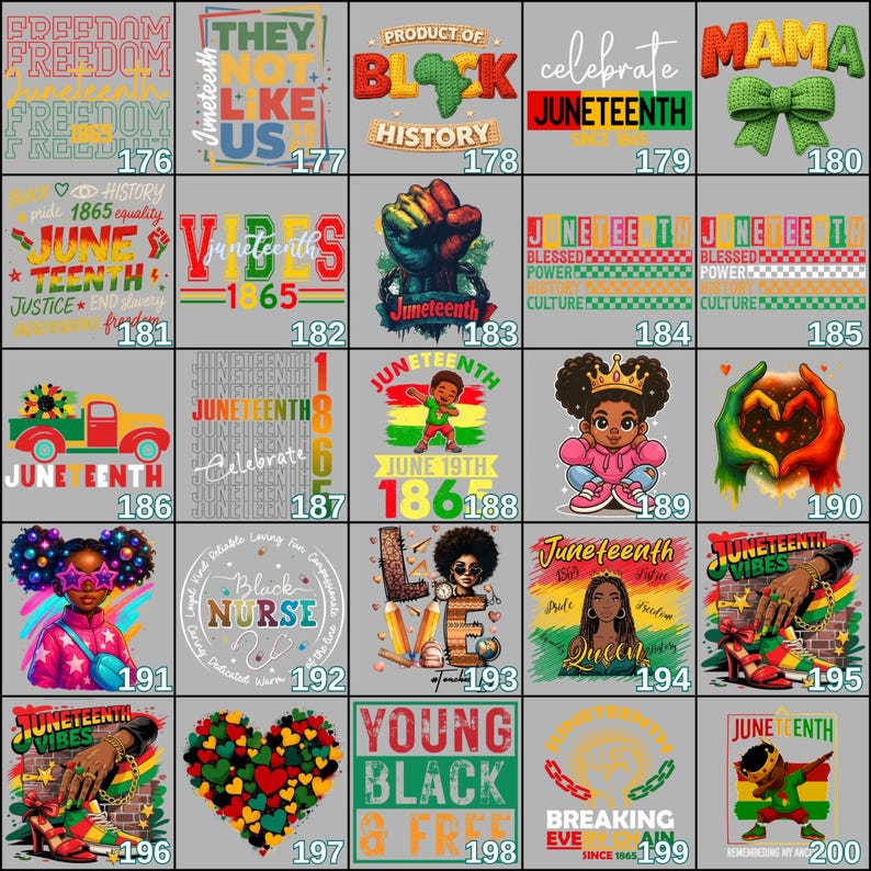 May include: A collection of graphic designs celebrating Juneteenth. Designs include text like "Freedom", "Juneteenth", and "Black History", along with images of fists, hearts, and African-American figures. Various colors are used.