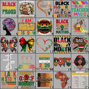 May include: Collection of graphic designs with themes of Black history and culture. Designs include text like "Black History," "Black Teacher Magic," and "Property of Nobody." Various colors and styles are represented.