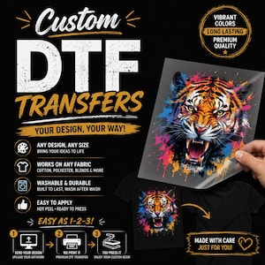 Peut inclure: Transferts DTF personnalisés présentant un graphique de tête de tigre coloré et vibrant avec des effets d'éclaboussures de peinture. L'image inclut du texte comme Custom DTF Transfers, Your Design, Your Way et des instructions d'application.