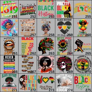 May include: Collection of graphic designs with themes related to Black History. Designs include text, illustrations, and portraits. The designs are on a gray background and feature various fonts and colors.