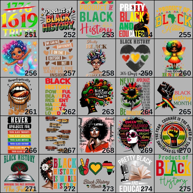 May include: Collection of graphic designs with themes related to Black History. Designs include text, illustrations, and portraits. The designs are on a gray background and feature various fonts and colors.