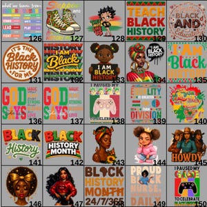 May include: Collection of graphic designs on t-shirts, featuring themes of Black history, empowerment, and cultural pride. Designs include text, illustrations, and portraits, with vibrant colors and diverse imagery.