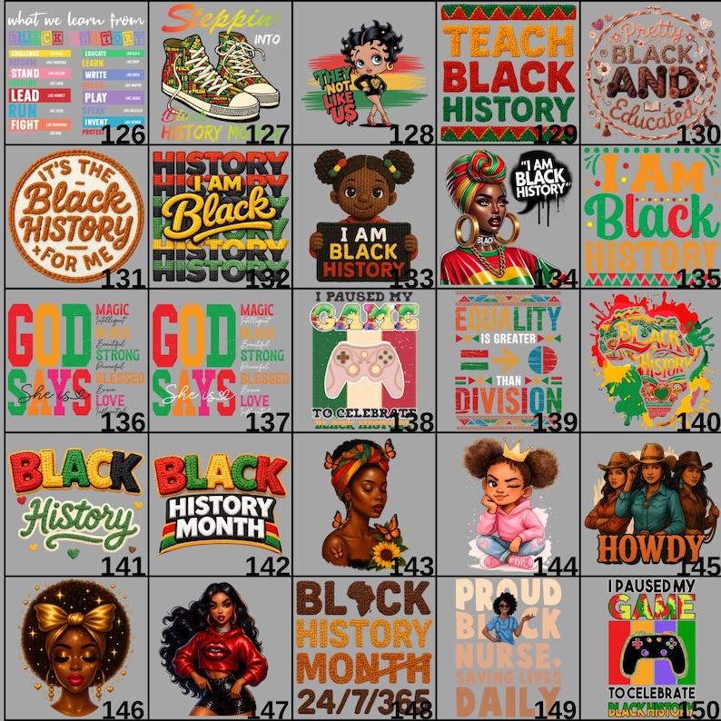 May include: Collection of graphic designs on t-shirts, featuring themes of Black history, empowerment, and cultural pride. Designs include text, illustrations, and portraits, with vibrant colors and diverse imagery.