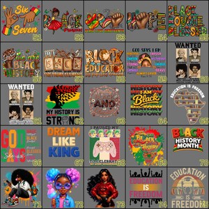 May include: A collection of graphic designs with themes related to Black history and culture. The designs include text such as "Black Princess", "Black Educator", "My History Is Strong", and "Black History Month". The images feature illustrations and typography.